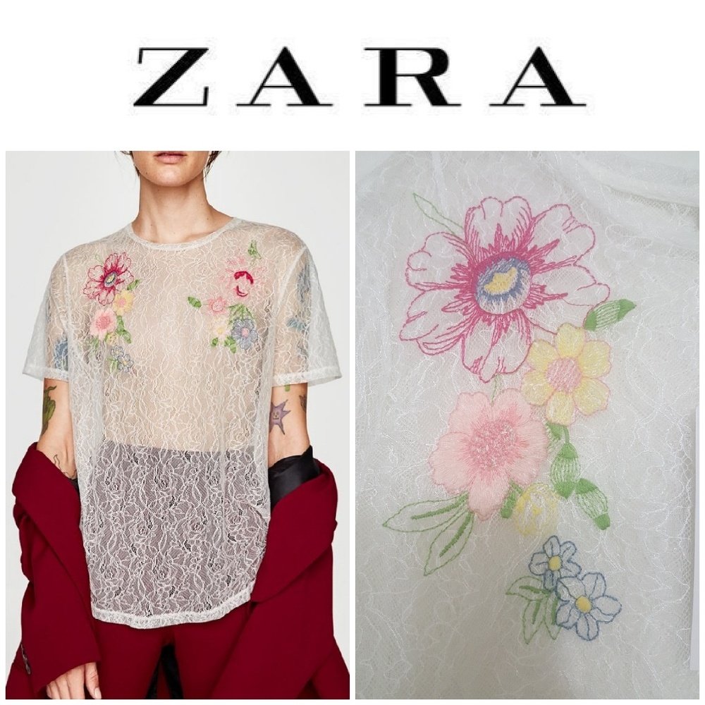ZARA Lace Shirt with Floral Embroidery, New W/ Tag